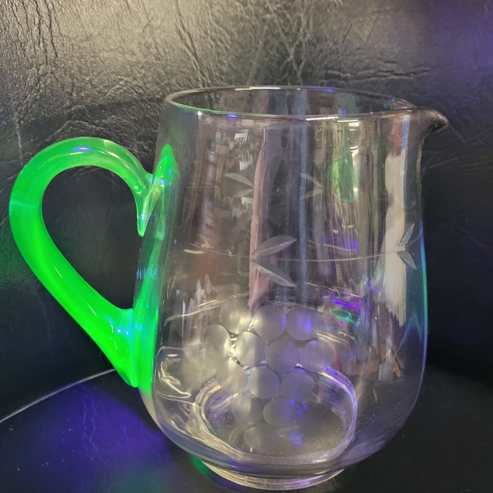 Uranium Glow Handle Etched Glass Pitcher Vintage